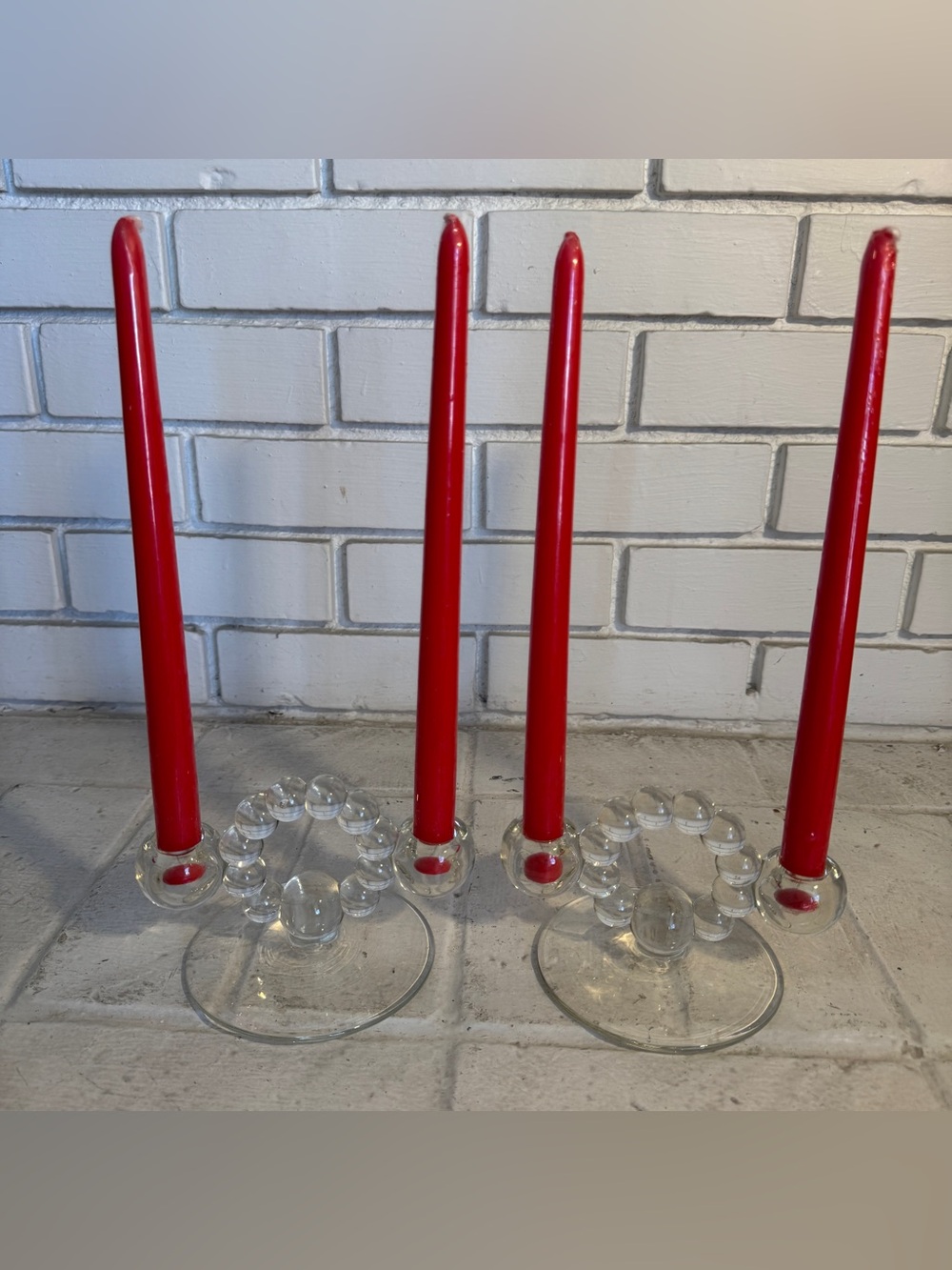 Pair of Vintage Clear Glass Bubble Arch Double Taper Candle Holders